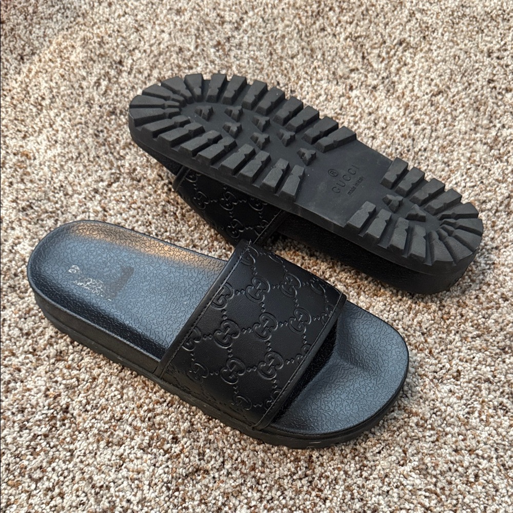 Gucci Black Embossed Slide Sandals
